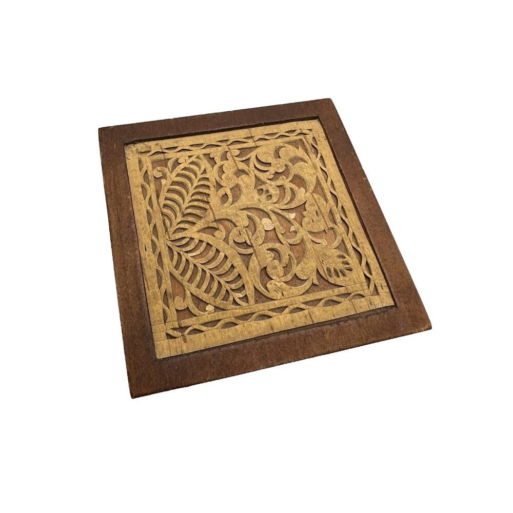 vintage 1968 wooden jewelry box Hand Carved Flower Square 3.25”